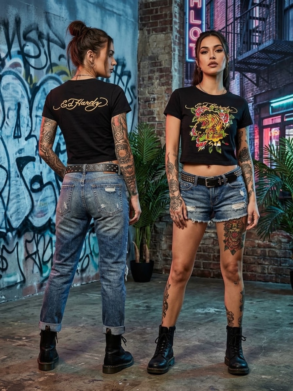 Ed Hardy Black Cropped Tee with Vibrant Tiger Floral Graphic